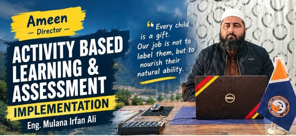Poster banner: Activity-based learning and assessment implementation, with Director Engineer Maulana Irfan Ali at his desk.