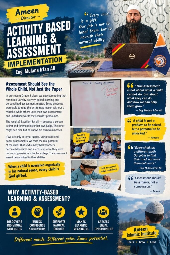 Poster: Activity-based learning and assessment at Ameen Islamic Institute, with Director Engineer Maulana Irfan Ali, a Class 4 reading assessment board, classroom photos and quotes on assessment.