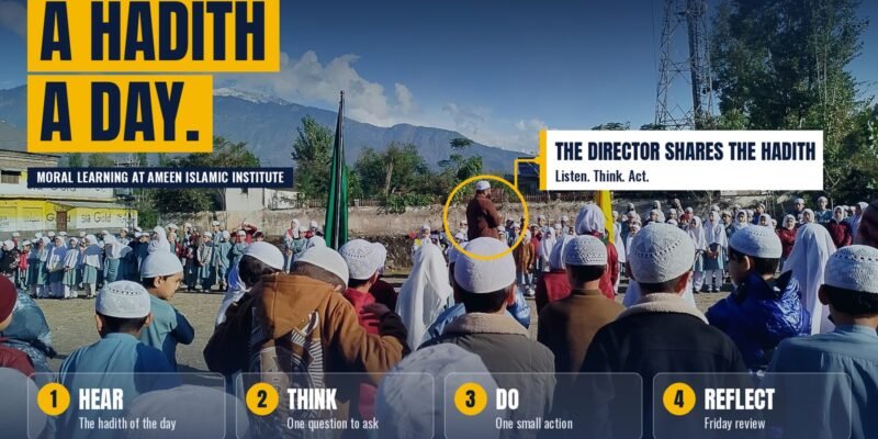 Students at Ameen Islamic Institute at morning assembly as the director shares the hadith of the day, with the four steps Hear, Think, Do and Reflect